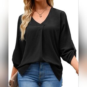 Size Small Women's Black V Neck Cuffed Sleeves Blouse Chiffon Top